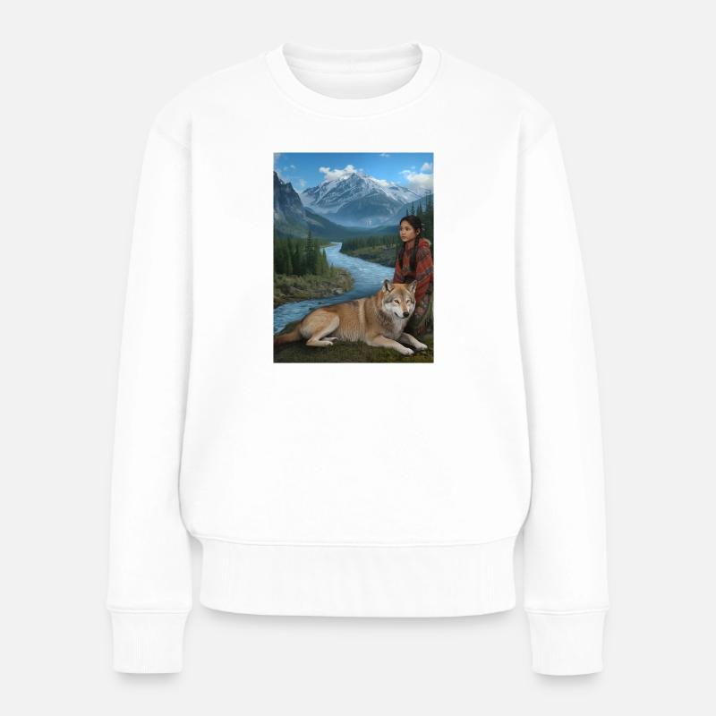 Wilde Berglandschaft mit Wolf und Frau - Frauen Premium Bio Pullover - Weiß