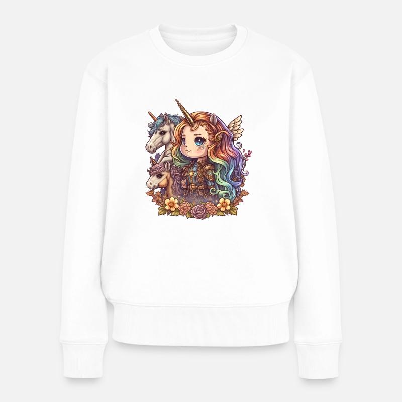00258 Mädchen mit Regenbogenhaaren und Einhorn - Frauen Premium Bio Pullover - Weiß
