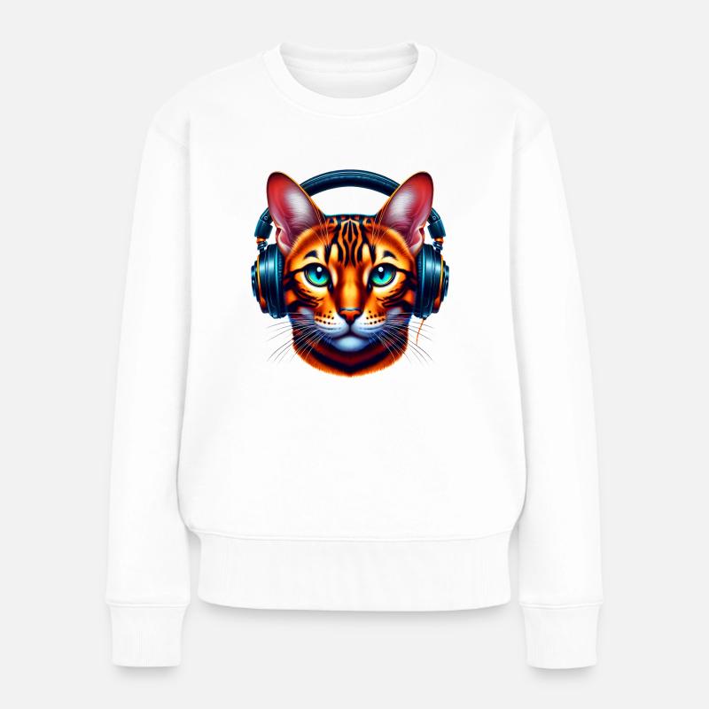 Bengalkatze mit Kopfhörer - Frauen Premium Bio Pullover - Weiß