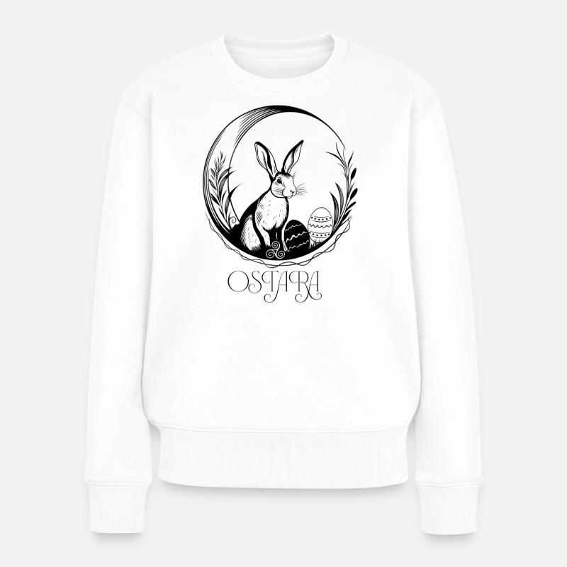 Hase auf Mondsichel mit Triskele – Ostara - Frauen Premium Bio Pullover - Weiß