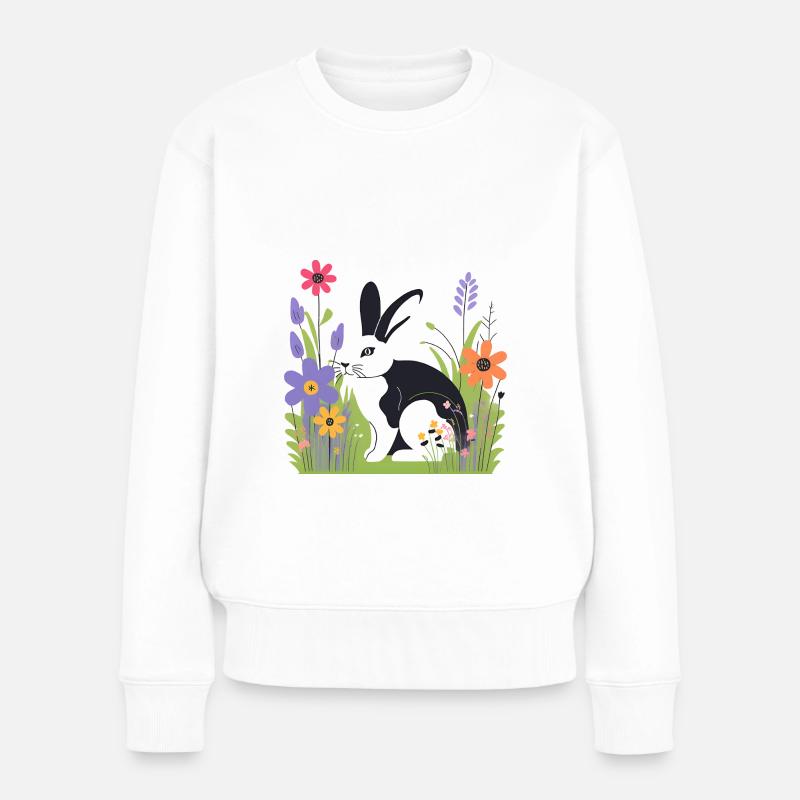 Lapin dans la prairie avec des fleurs - Pull Premium bio Femme - blanc