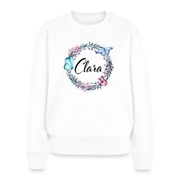 Clara, nom, lettrage, couronne de fleurs, cadeau - Pull Premium bio Femme - blanc - Devant - Julia (174cm)