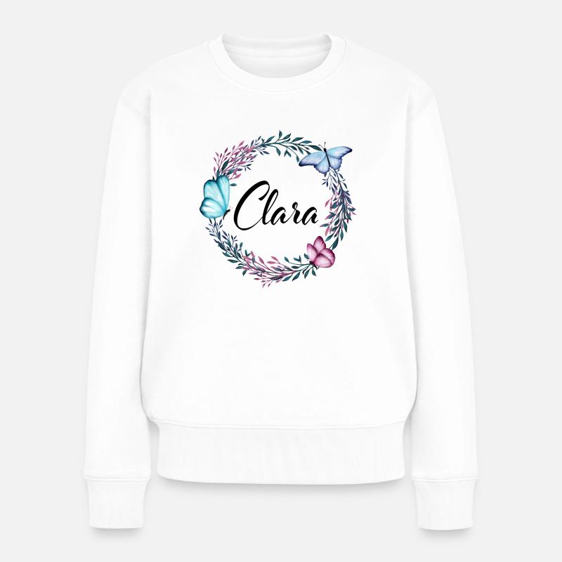 Clara, nom, lettrage, couronne de fleurs, cadeau - Pull Premium bio Femme - blanc
