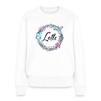 Lotte, Name, Schriftzug, Blumenkranz, Geschenk - Frauen Premium Bio Pullover - Weiß - Vorne - Julia (174cm)