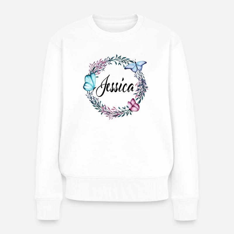Jessica, Name, Schriftzug, Blumenkranz, Geschenk - Frauen Premium Bio Pullover - Weiß