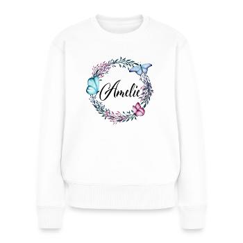 Amelie, nom, lettrage, couronne de fleurs, cadeau - Pull Premium bio Femme - blanc - Devant - Julia (174cm)