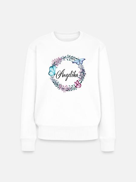 Angelika, Name, Schriftzug, Blumenkranz, Geschenk - Frauen Premium Bio Pullover - Weiß