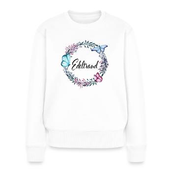 Edeltraud, Name, Schriftzug, Blumenkranz, Geschenk - Frauen Premium Bio Pullover - Weiß - Vorne - Julia (174cm)