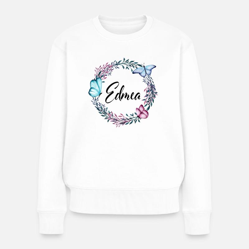 Edmea, nom, lettrage, couronne de fleurs, cadeau - Pull Premium bio Femme - blanc