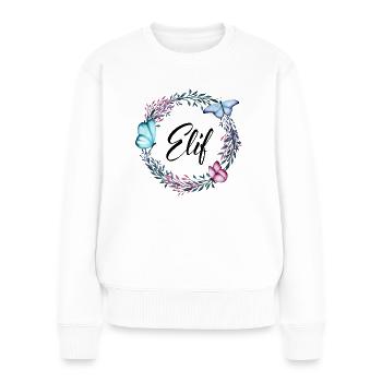 Elif, Name, Schriftzug, Blumenkranz, Geschenk - Frauen Premium Bio Pullover - Weiß - Vorne - Julia (174cm)