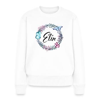 Elin, Name, Schriftzug, Blumenkranz, Geschenk - Frauen Premium Bio Pullover - Weiß - Vorne - Julia (174cm)