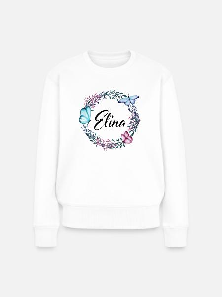 Elina, Name, Schriftzug, Blumenkranz, Geschenk - Frauen Premium Bio Pullover - Weiß
