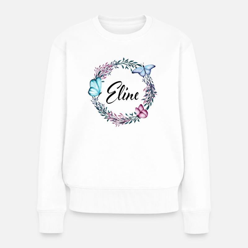 Eline, Name, Schriftzug, Blumenkranz, Geschenk - Frauen Premium Bio Pullover - Weiß