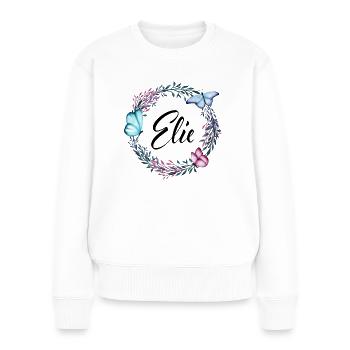 Elie, Name, Schriftzug, Blumenkranz, Geschenk - Frauen Premium Bio Pullover - Weiß - Vorne - Julia (174cm)