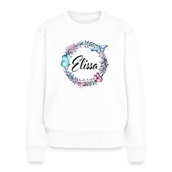 Elissa, nom, lettrage, couronne de fleurs, cadeau - Pull Premium bio Femme - blanc - Devant - Julia (174cm)