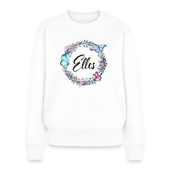 Elles, Name, Schriftzug, Blumenkranz, Geschenk - Frauen Premium Bio Pullover - Weiß - Vorne - Julia (174cm)