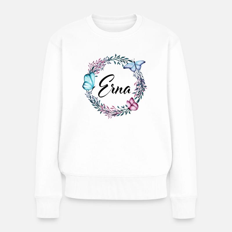 Erna, Name, Schriftzug, Blumenkranz, Geschenk - Frauen Premium Bio Pullover - Weiß