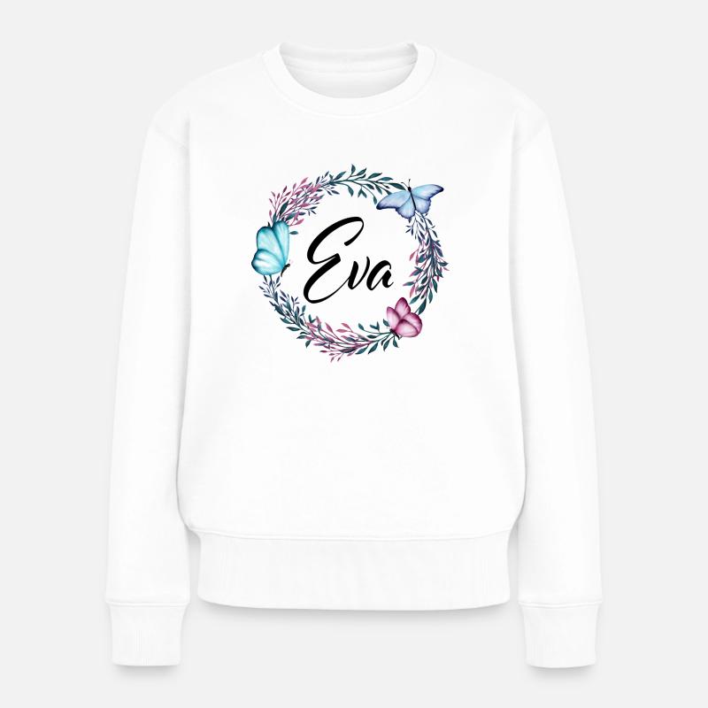 Eva, Name, Schriftzug, Blumenkranz, Geschenk - Frauen Premium Bio Pullover - Weiß