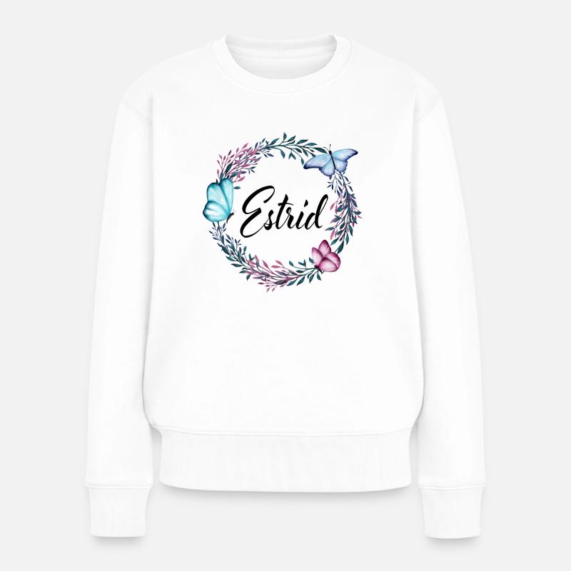 Estrid, Name, Schriftzug, Blumenkranz, Geschenk - Frauen Premium Bio Pullover - Weiß