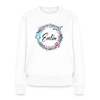 Evelin, nom, lettrage, couronne de fleurs, cadeau - Pull Premium bio Femme - blanc - Devant - Julia (174cm)