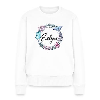Evelyne, Name, Schriftzug, Blumenkranz, Geschenk - Frauen Premium Bio Pullover - Weiß - Vorne - Julia (174cm)