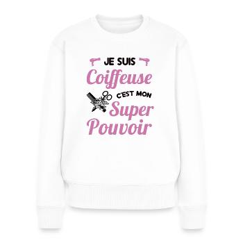 Je suis coiffeuse c'est mon super pouvoir humour - Pull Premium bio Femme - blanc - Devant - Julia (174cm)