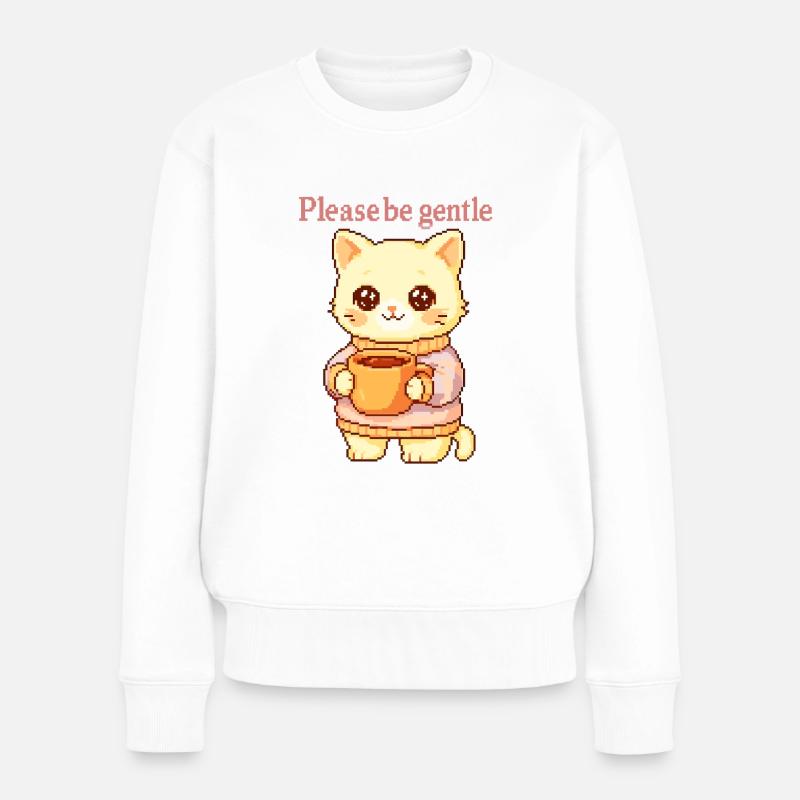 Bitte sei sanft – Pixel Katze mit Tee & Kuschelpul - Frauen Premium Bio Pullover - Weiß