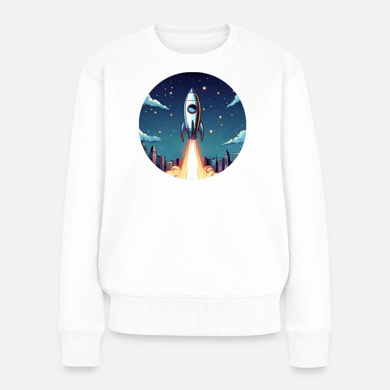 Rakete Start ins All vor Nachthimmel im Comic Stil - Frauen Premium Bio Pullover - Weiß