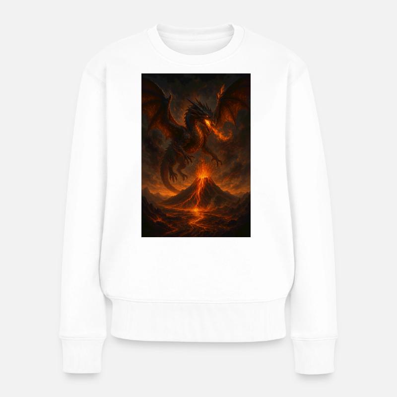 Feuerdrache über Vulkanlandschaft - Frauen Premium Bio Pullover - Weiß