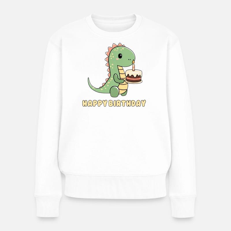 Dino mit einer Geburtstagstorte  - Frauen Premium Bio Pullover - Weiß