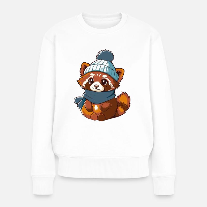Mignon panda roux avec écharpe et chapeau à pompon. - Pull Premium bio Femme - blanc