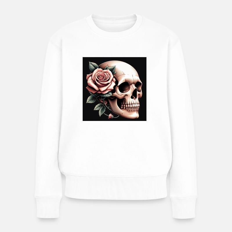 Totenkopf mit rosa Rose - Frauen Premium Bio Pullover - Weiß