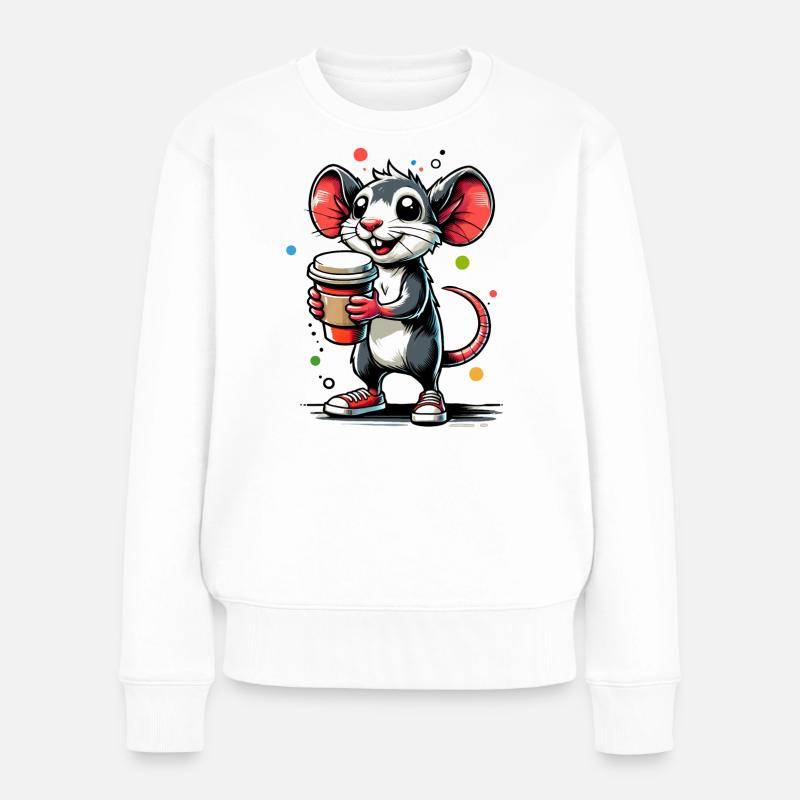 Cartoon einer fröhlichen Maus mit Kaffee - Frauen Premium Bio Pullover - Weiß