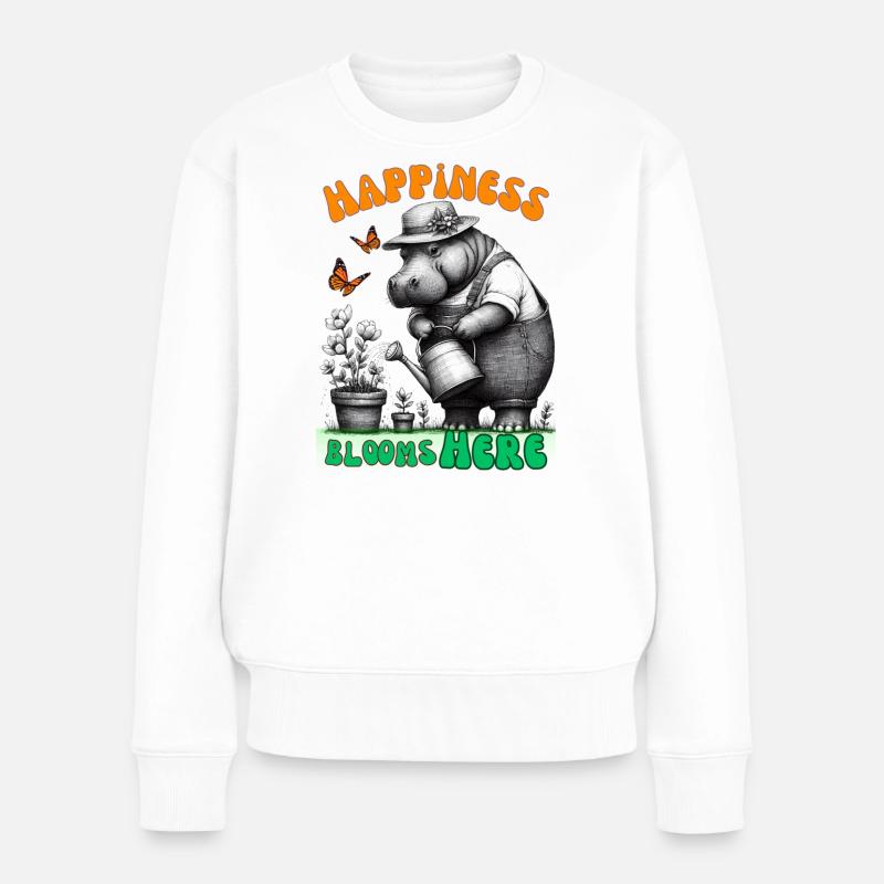 Glück blüht hier Gartenarbeit Nilpferd - Frauen Premium Bio Pullover - Weiß