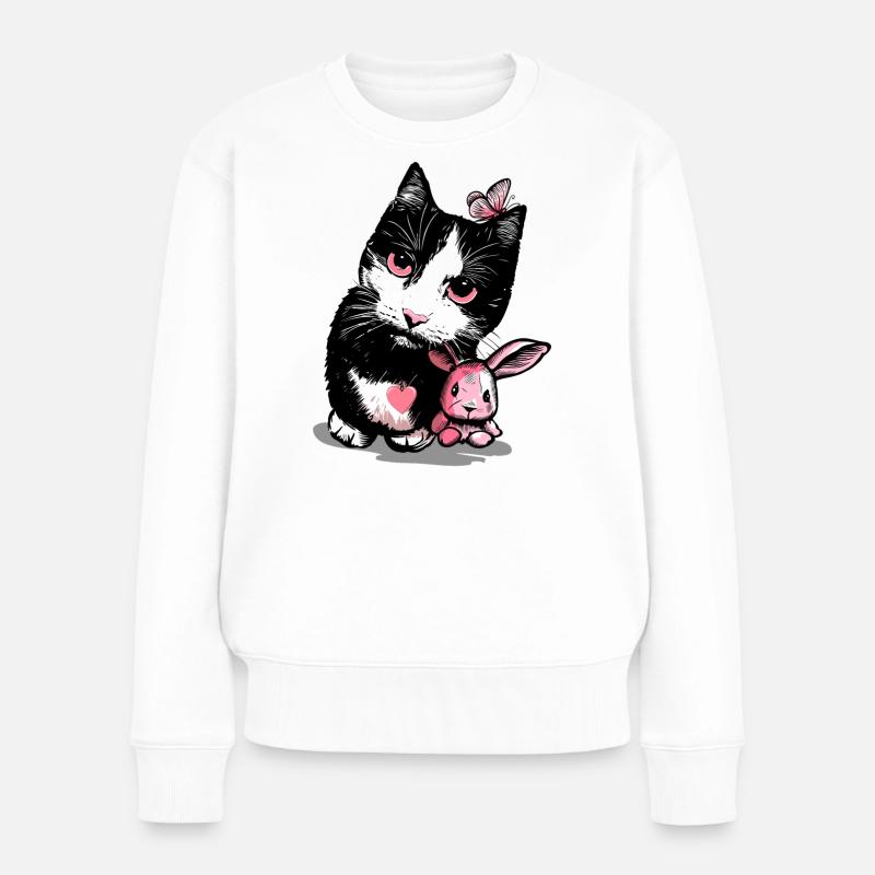 Chat avec lapin en peluche et papillon - Pull Premium bio Femme - blanc
