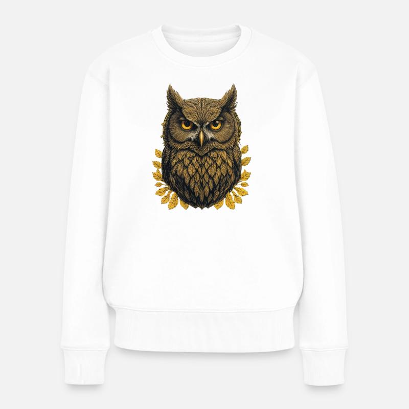Goldene Eule im Herbstlaub - Frauen Premium Bio Pullover - Weiß