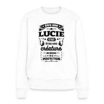NOM - PRÉNOM - LUCIE - Pull Premium bio Femme - blanc - Devant - Julia (174cm)