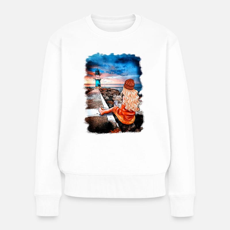 Leuchtturm Warnemünde Illustration Blondine - Frauen Premium Bio Pullover - Weiß