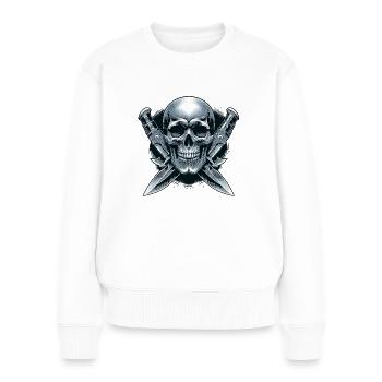 Twin Blades: Schädel zwischen Dolchen - Frauen Premium Bio Pullover - Weiß - Vorne - Julia (174cm)