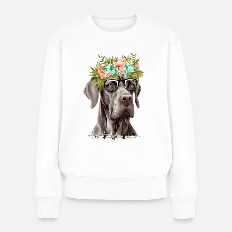 Deutsche Dogge mit Blumen - Frauen Premium Bio Pullover - Weiß