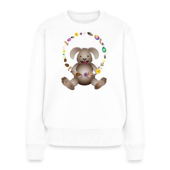 lachender Osterhase jongliert mit Osterdekoration - Frauen Premium Bio Pullover - Weiß - Vorne - Julia (174cm)