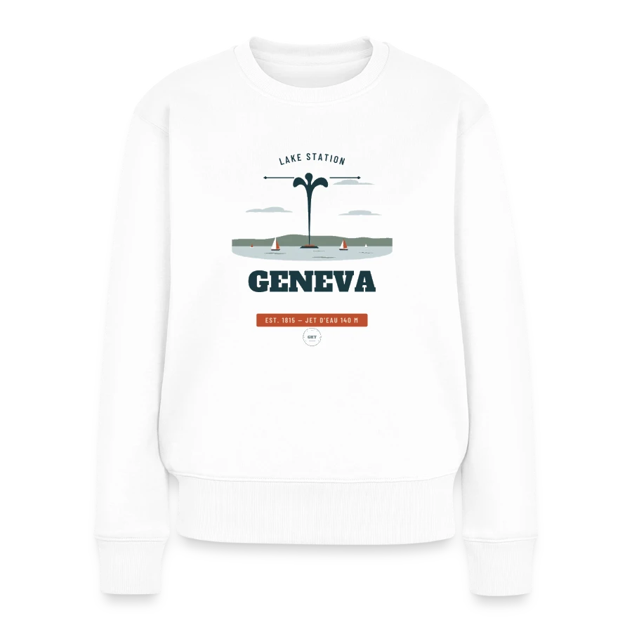 Geneva badge on a women's premium organic jumper, white