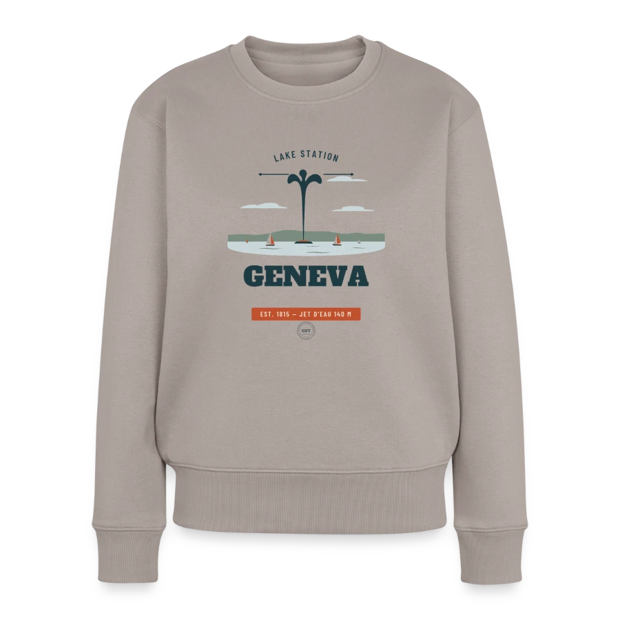Geneva badge on a women's premium organic jumper, taupe