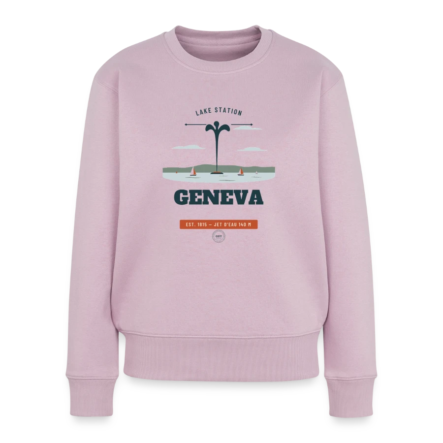 Geneva badge on a women's premium organic jumper, dusky pink
