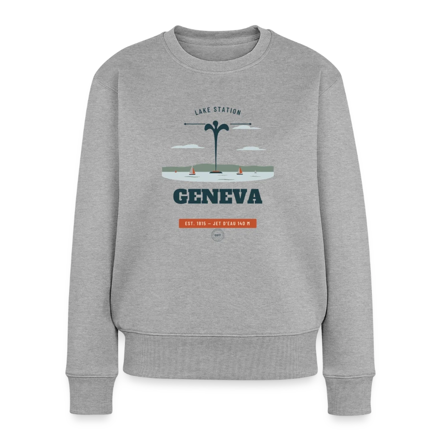 Geneva badge on a women's premium organic jumper, heather grey