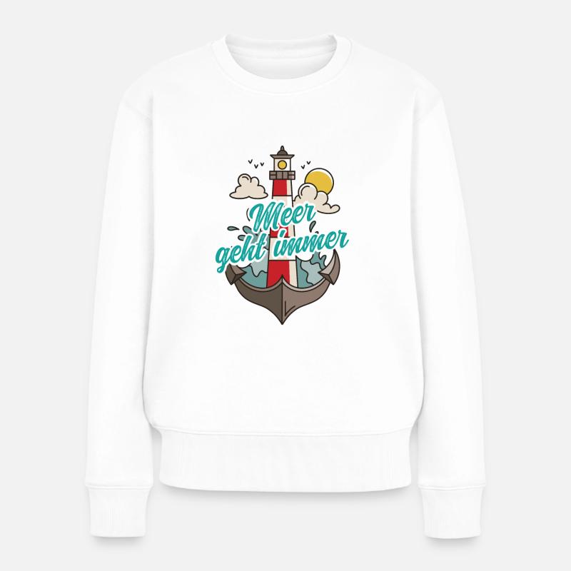 MEER GEHT IMMER Nordsee Spruch Geschenk Leuchtturm - Frauen Premium Bio Pullover - Weiß