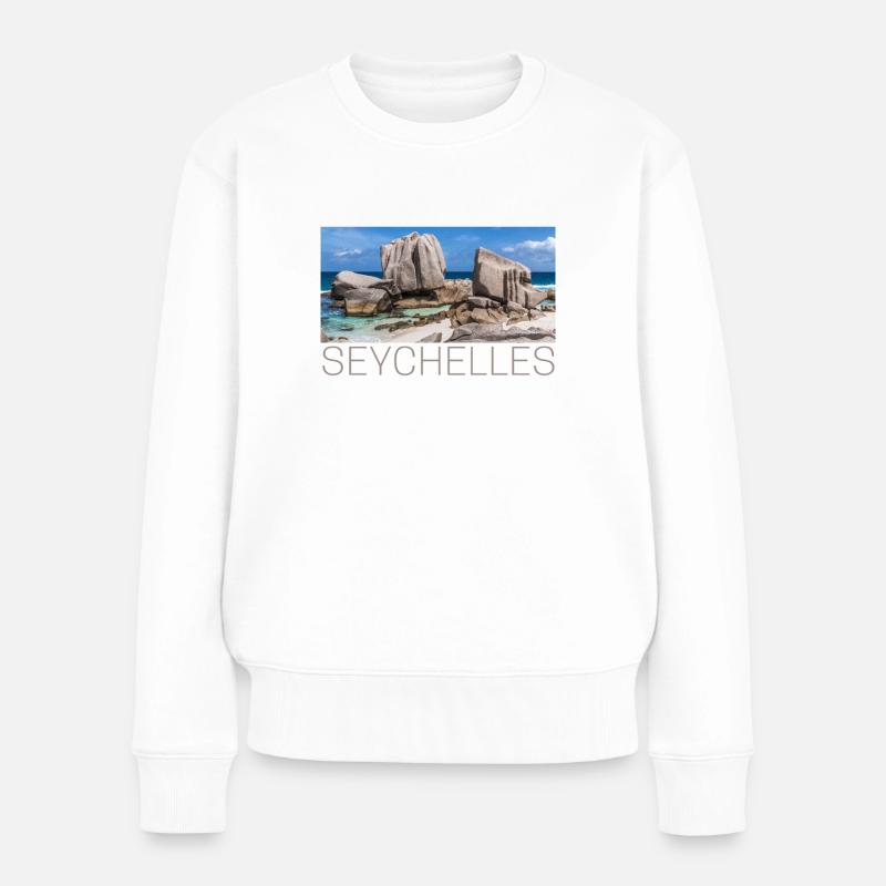 Seychellen Strand auf La Digue - Frauen Premium Bio Pullover - Weiß
