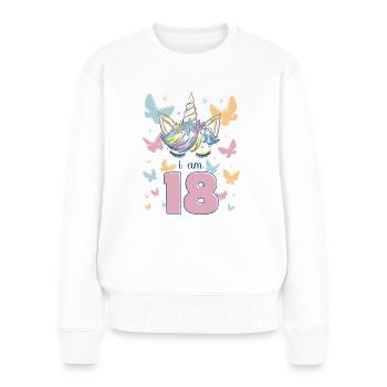 Einhorn Ich Bin 18 Jahre Schmetterlinge Geburtstag - Frauen Premium Bio Pullover - Weiß - Vorne - Julia (174cm)