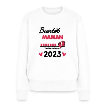Bientôt Maman 2023 Annonce grossesse future maman - Pull Premium bio Femme - blanc - Devant - Julia (174cm)