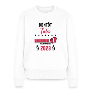 Bientôt Tata 2023 Annonce grossesse future Tata - Pull Premium bio Femme - blanc - Devant - Julia (174cm)